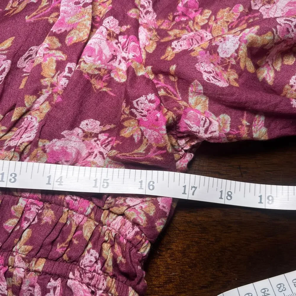 Free People Mini Dress Keep You Floral Long Sleeve Deep V-Neck Berry Combo Sz L